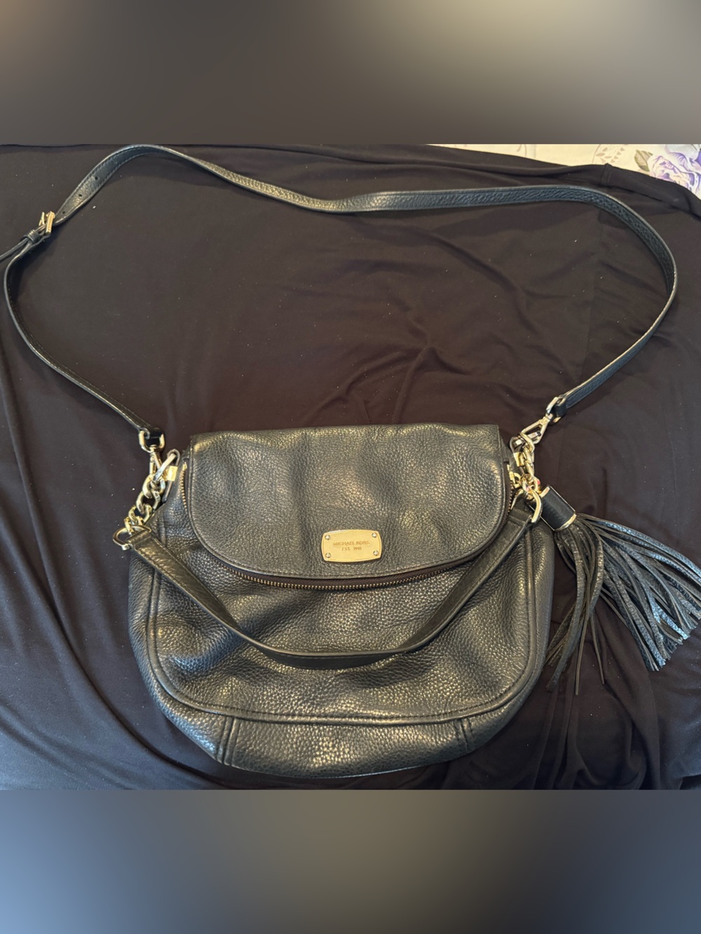 Michael Kors Black Pebbled Leather Crossbody with Tassel and Gold Plate